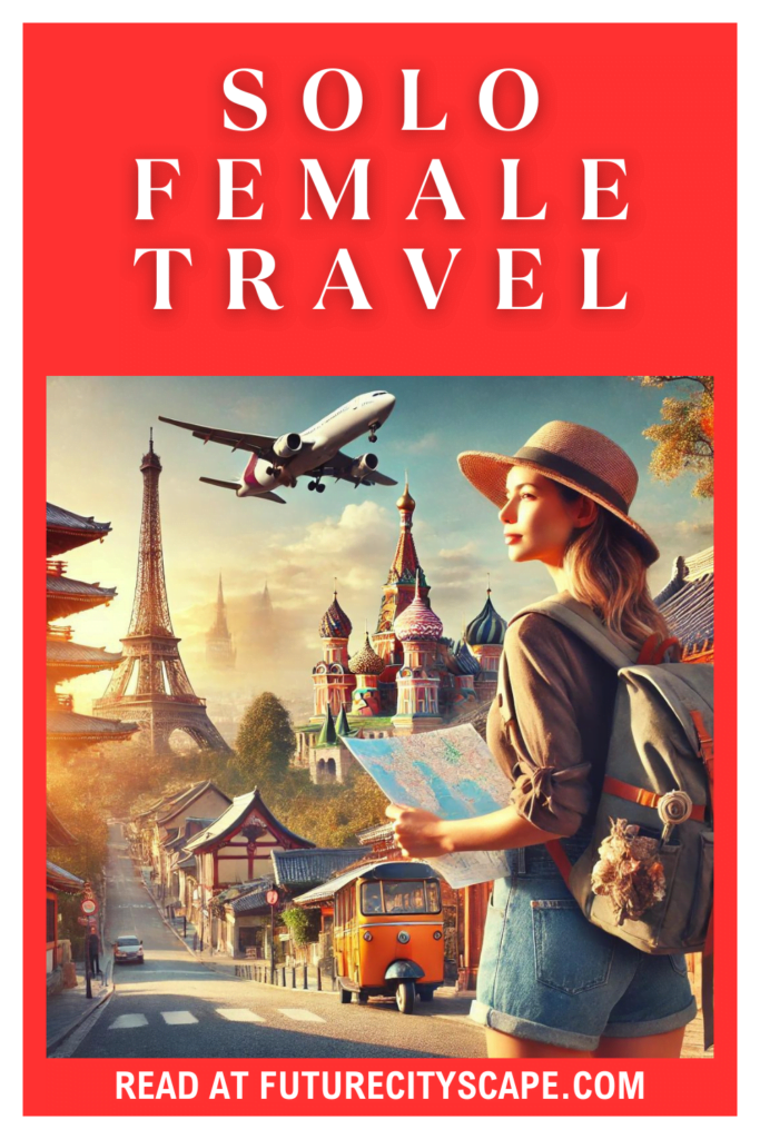 Confident solo female traveler exploring a scenic cityscape with iconic landmarks like the Eiffel Tower and ancient temples, symbolizing adventure, safety, and empowerment.