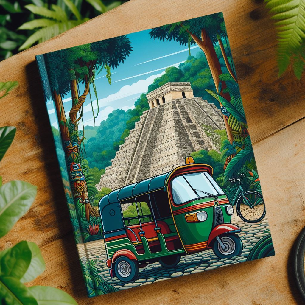 Mayan village book cover featuring a guide for getting around Copán and transportation.