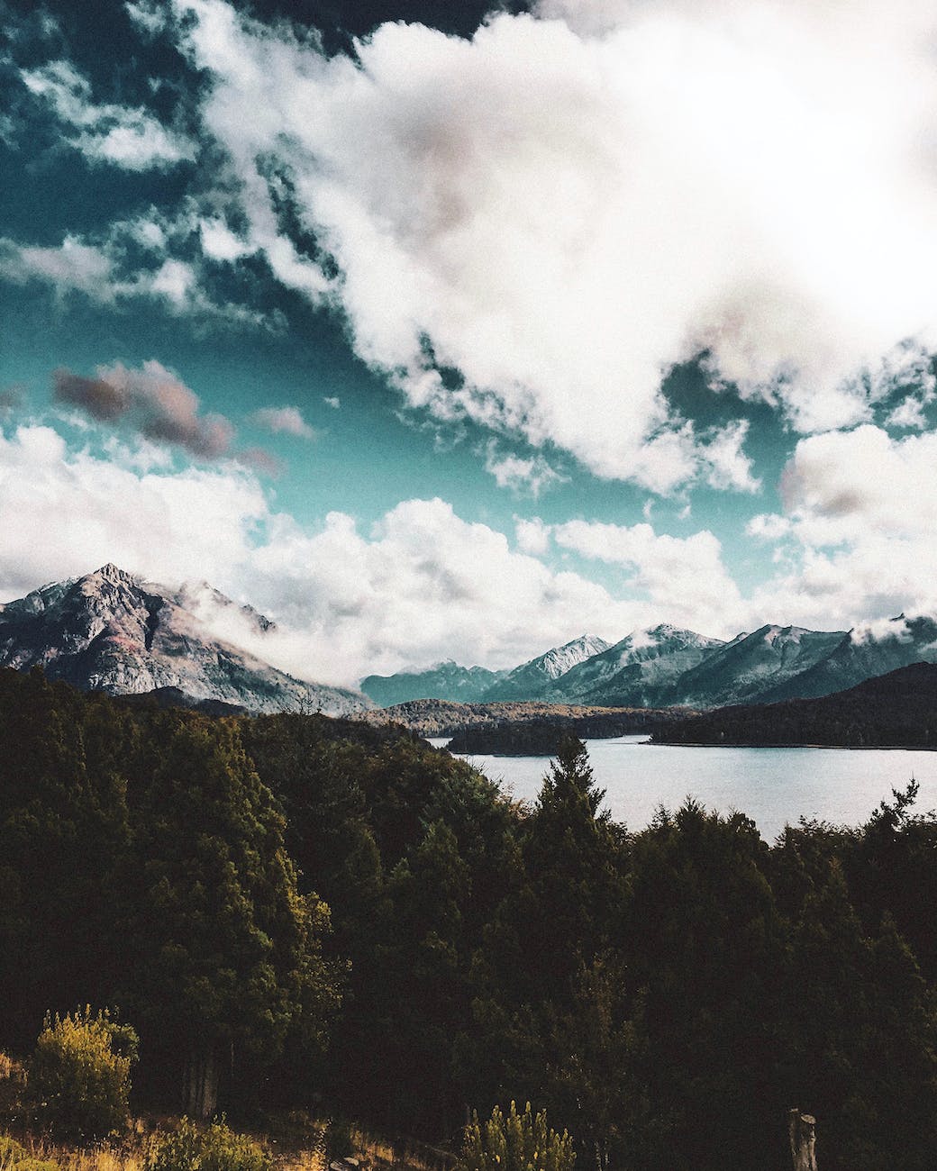 green trees and mountain under white clouds and blue sky