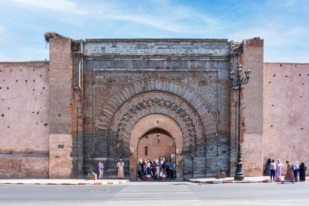 Marrakech, Morocco: Vibrant market scene with colorful textiles, spices, and traditional architecture. one of the best travel destinations.