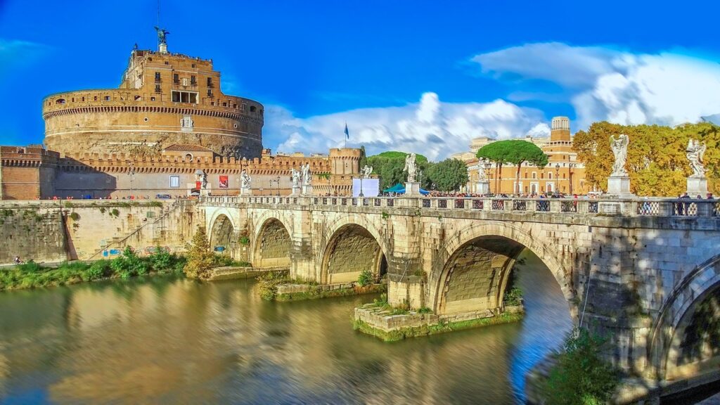 Bridge over the river in Rome, Italy. A picturesque structure connecting the city, showcasing the beauty of Rome's architecture.