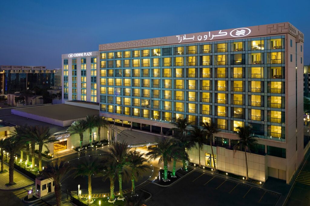 Discover the enchanting Crowne Plaza Jeddah, an IHG Hotel, illuminated in all its glory during the captivating night hours.