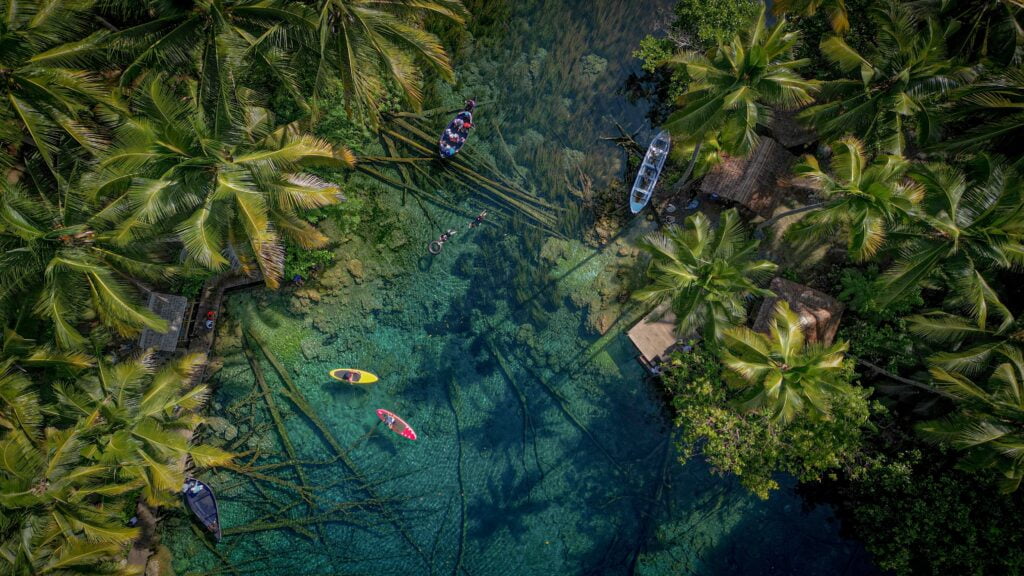 Aerial view of Banggai Islands with crystal clear waters and lush greenery.