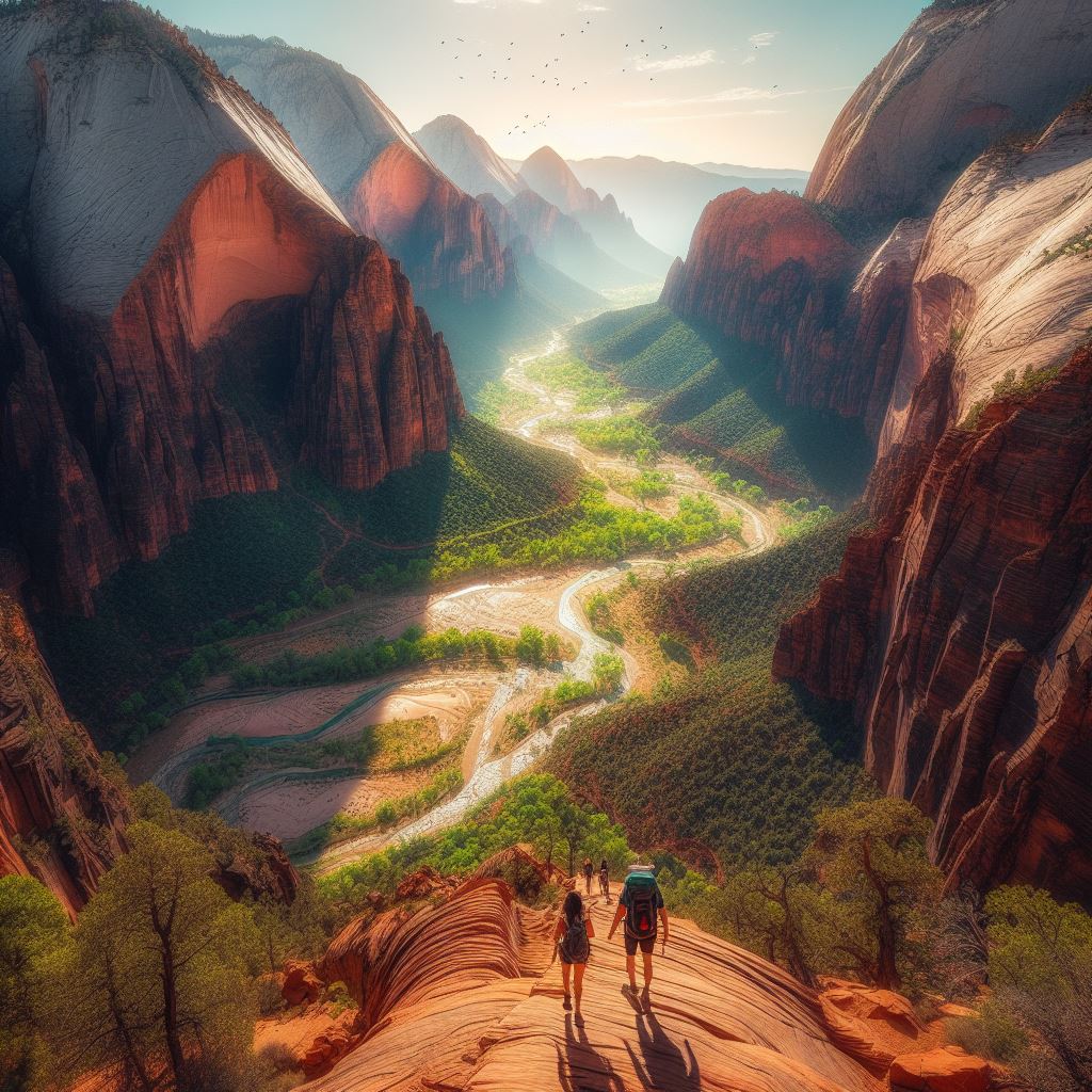 Two hikers ascend a mountain on the Angels Landing Hike, a thrilling chain trail in Zion National Park.