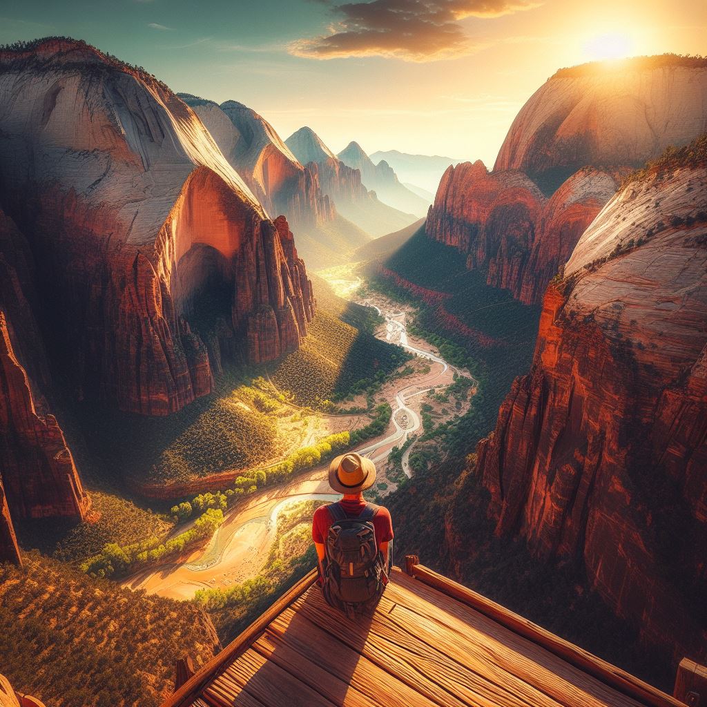 A man sitting on a wooden bridge overlooking a canyon. Insider Tips for Angels Landing Hike Success.