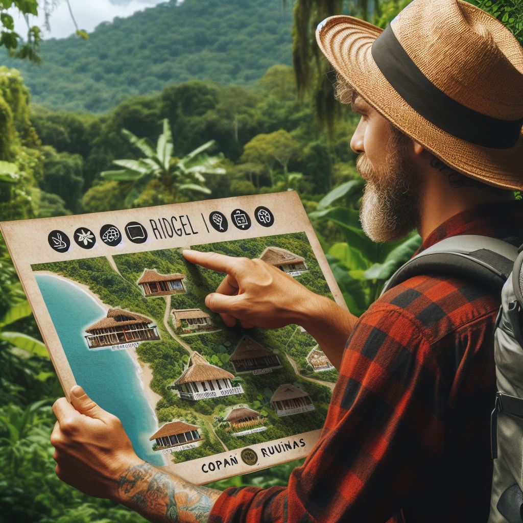 Man with map and backpack exploring tropical jungle near Copán Ruinas.