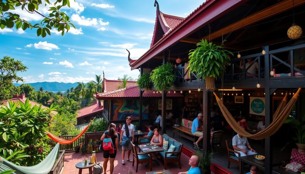 A vibrant and inviting hostel scene in Chiang Mai, featuring traditional Thai architecture, lush greenery, colorful murals, communal spaces filled with backpacks and travelers, cozy hammocks, outdoor seating areas with fairy lights, and the backdrop of distant mountains under a bright blue sky.