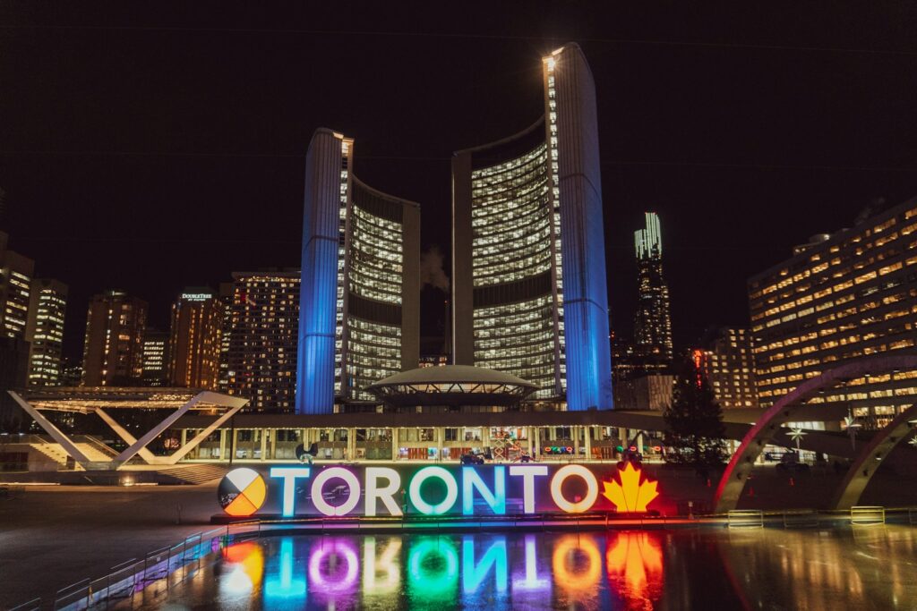 Toronto building with lights at Night.