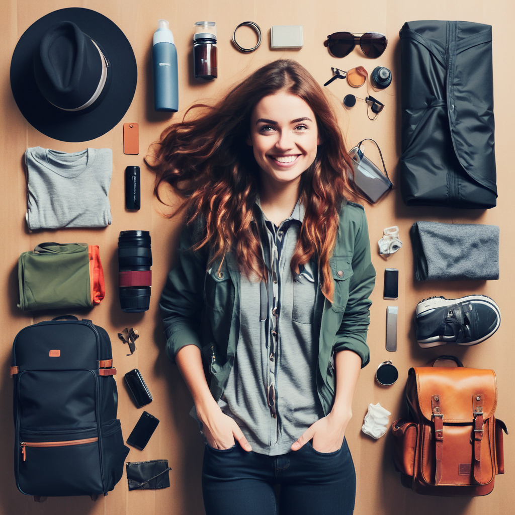 A woman sitting amidst her belongings, showcasing essential packing hacks for solo travelers.