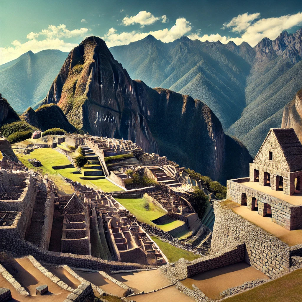 Close-up of the Temple of the Sun at Machu Picchu, featuring intricate stonework and sunlight shining through ancient windows.