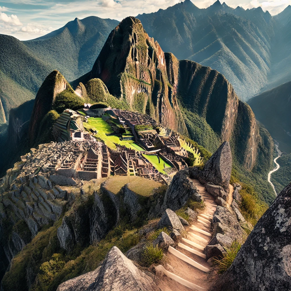 Climber's perspective from the summit of Huayna Picchu, looking down at the ancient ruins of Machu Picchu and the surrounding Andes mountains.