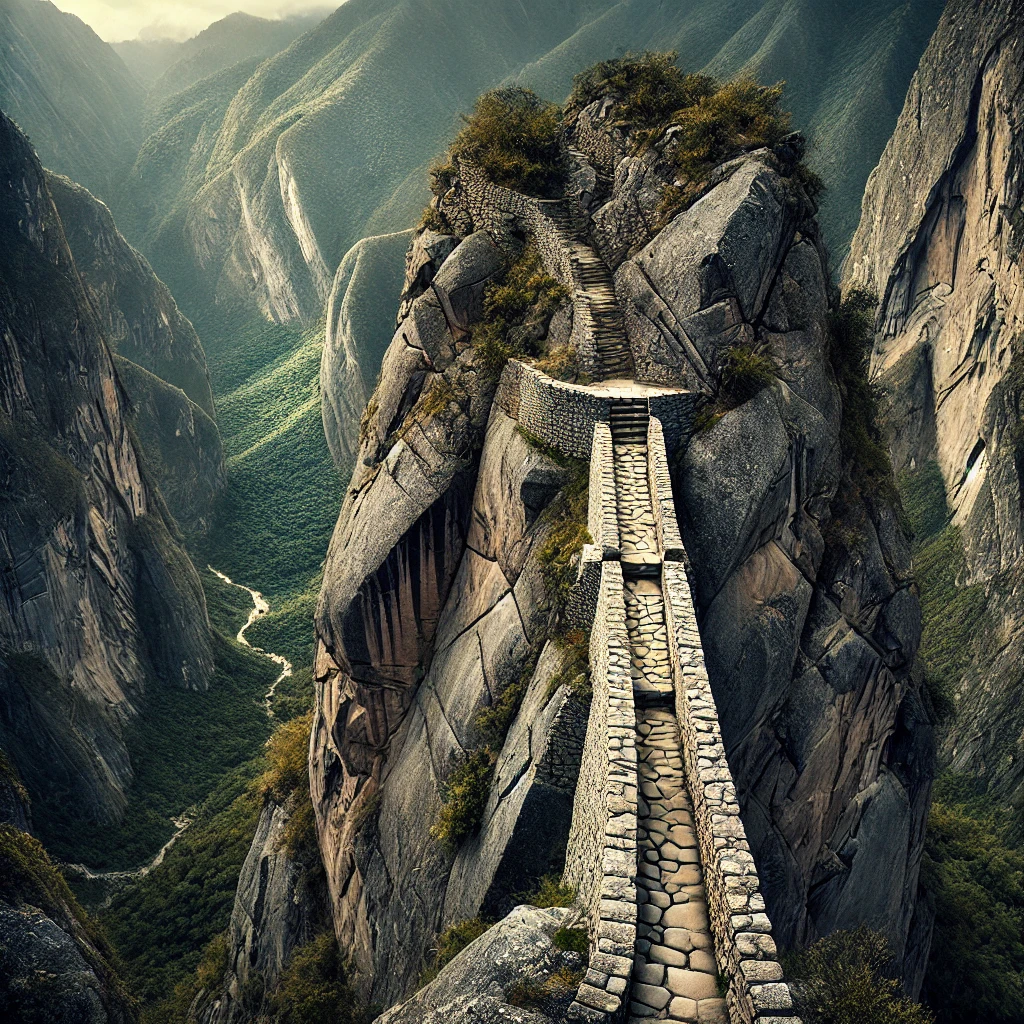 Narrow stone pathway of the Inca Bridge at Machu Picchu, carved into a cliffside with lush greenery in the valley below.