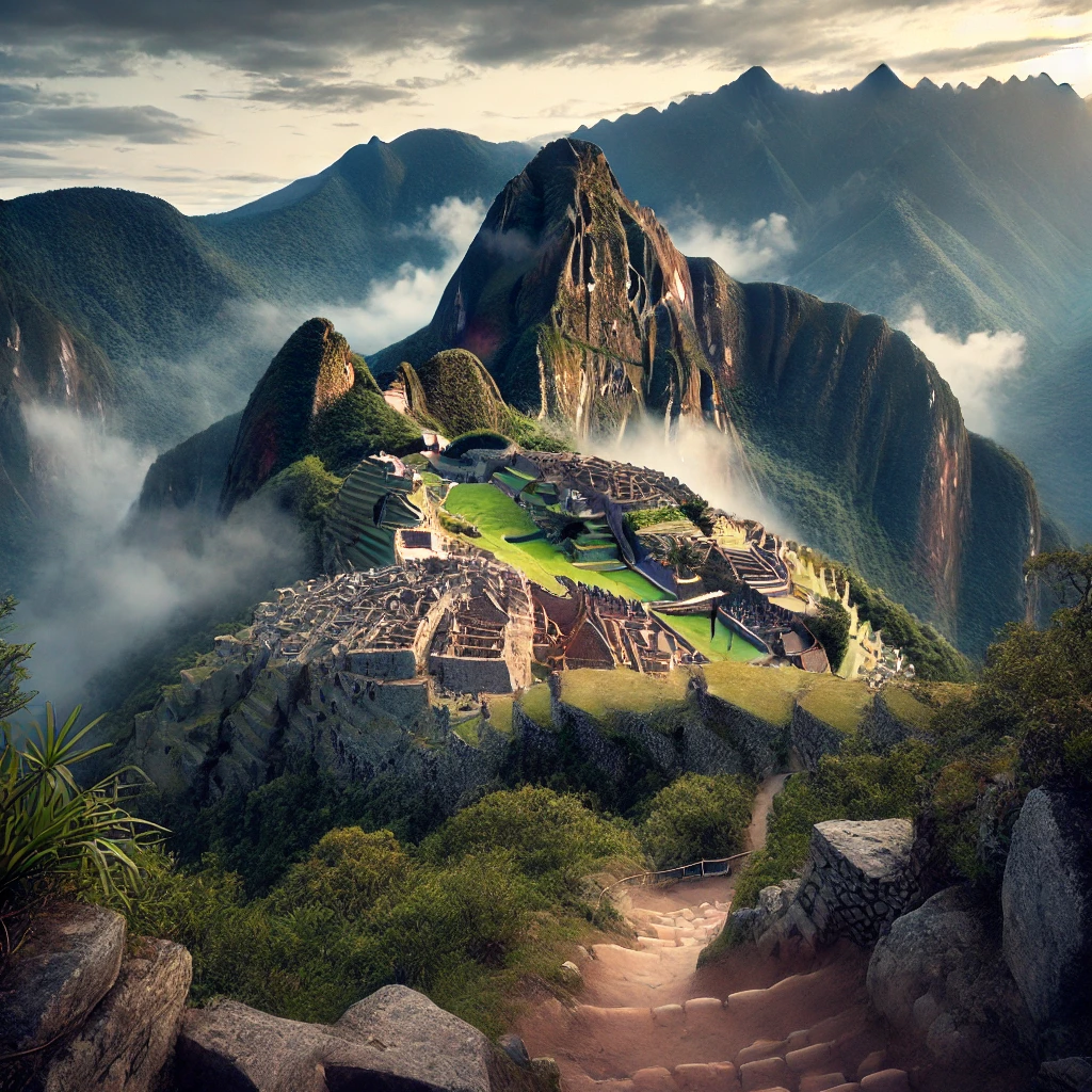 Breathtaking sunrise view of Machu Picchu with Huayna Picchu in the background and golden light illuminating the ancient ruins.