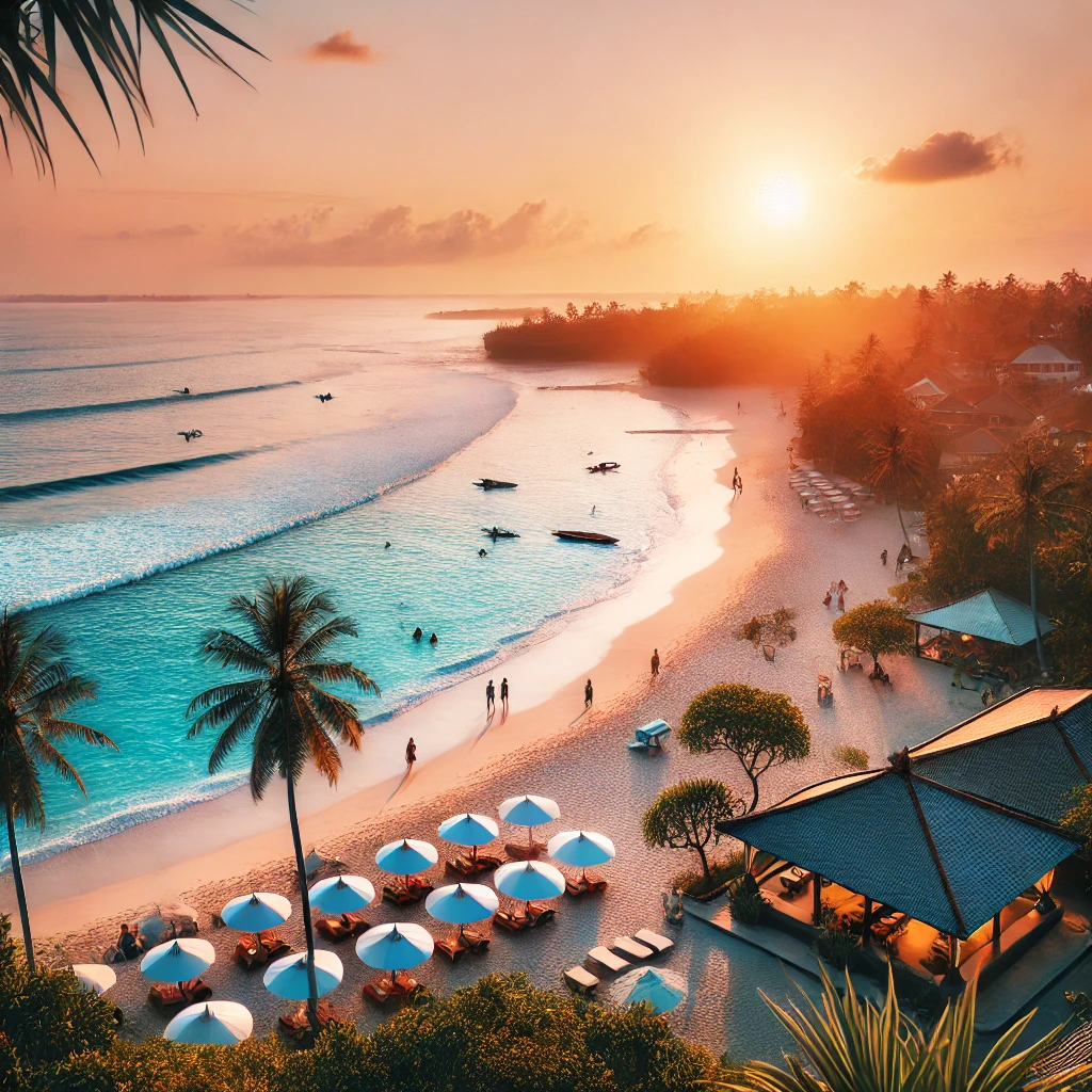 Stunning sunset view of a Bali beach with people relaxing under umbrellas, capturing the essence of the Bali Travel Guide.