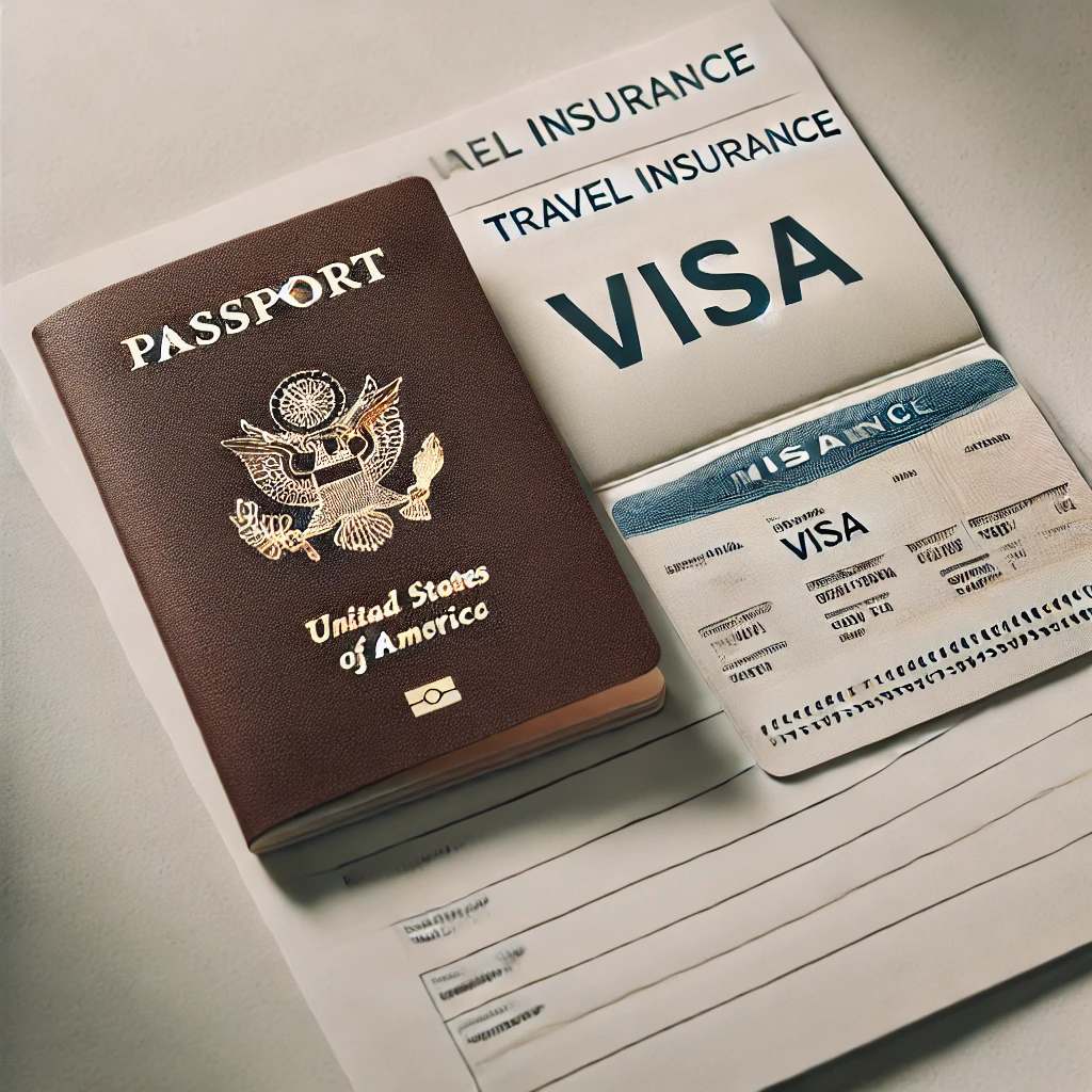 Passport, visa, and travel insurance documents on a table.