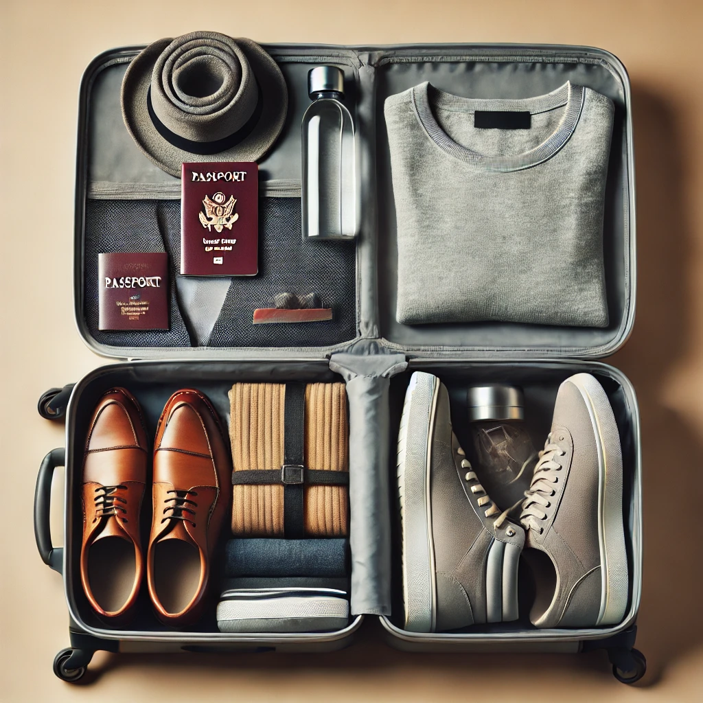 Organized suitcase with travel essentials neatly packed.