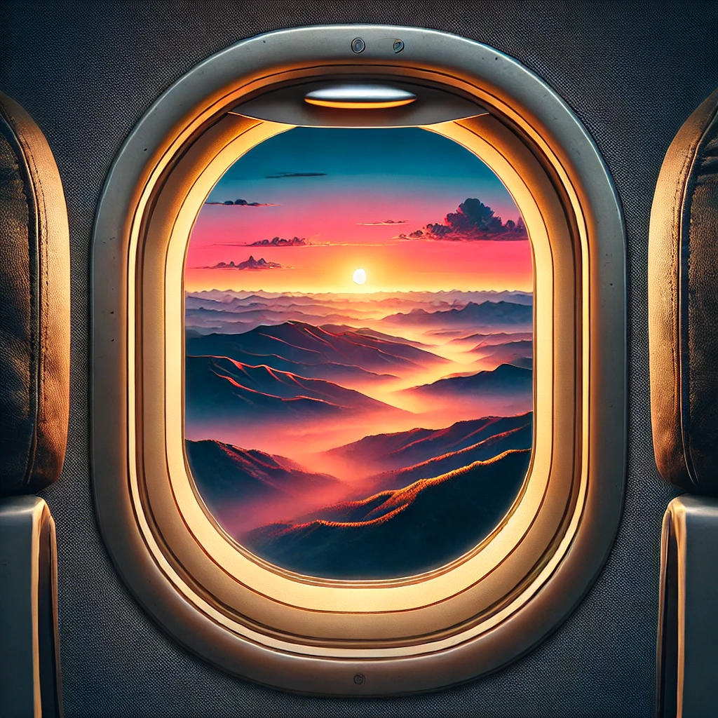 Scenic view from a plane window with sunrise over mountains.