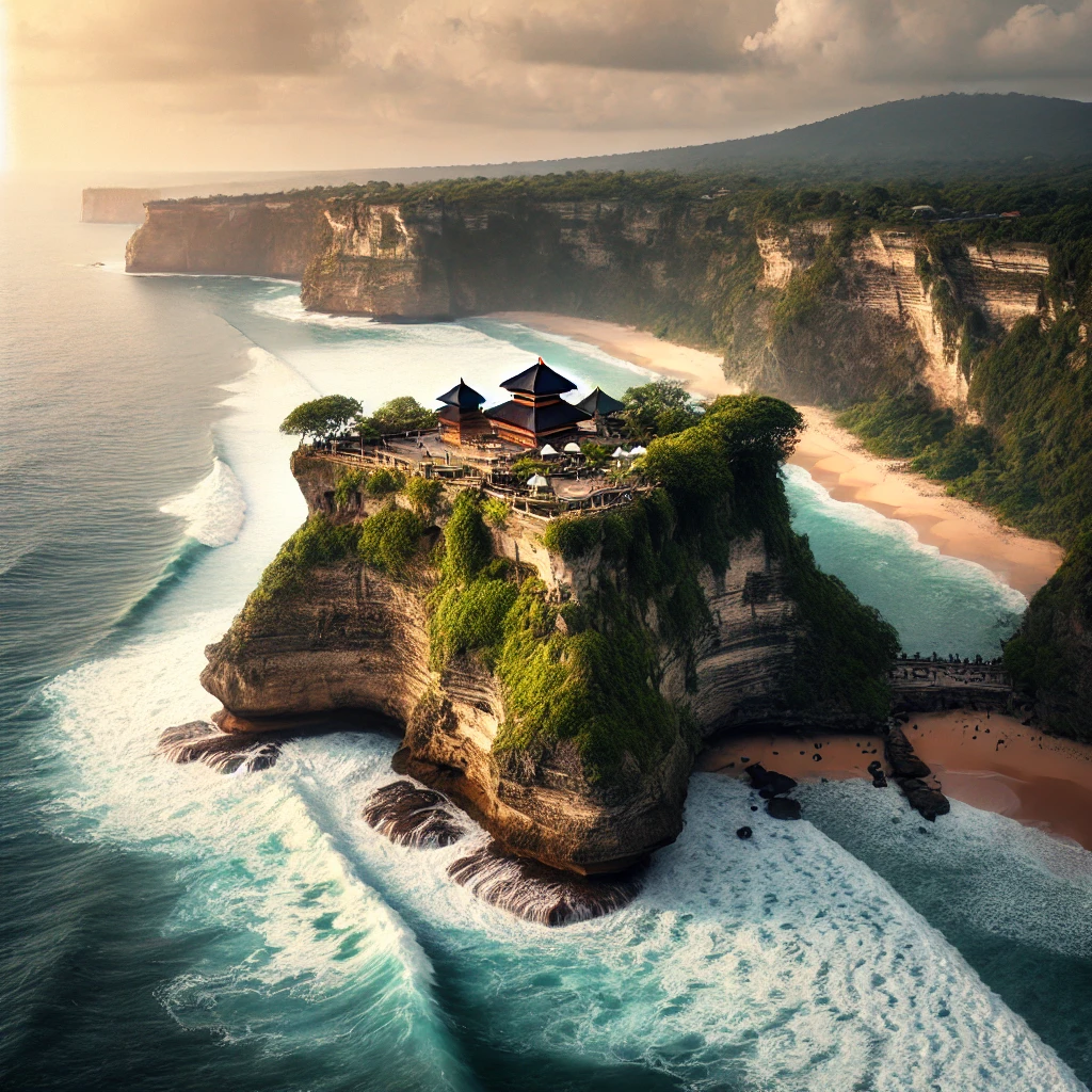 Uluwatu Temple perched on a cliff overlooking the ocean in Bali, a must-see destination featured in the Bali Travel Guide.