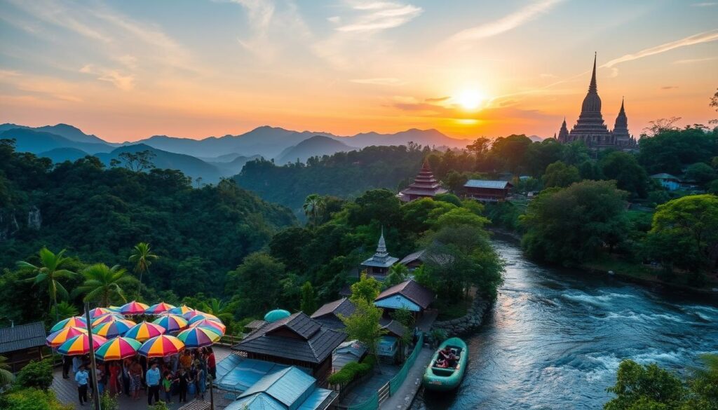 Lush green mountains surrounding Chiang Mai, a vibrant marketplace with colorful umbrellas, people exploring scenic waterfalls, traditional Thai outdoor cooking, bamboo rafting on a serene river, zip-lining through the treetops, and a breathtaking sunset over ancient temples.