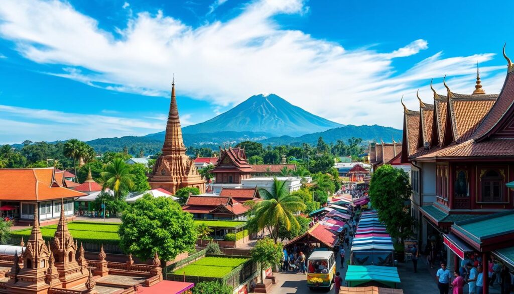 A vibrant scene of Chiang Mai's old city featuring stunning ancient temples, lush green rice paddies, and colorful street markets, with the majestic Doi Suthep mountain in the background under a bright blue sky, capturing the essence of Thai culture and natural beauty.