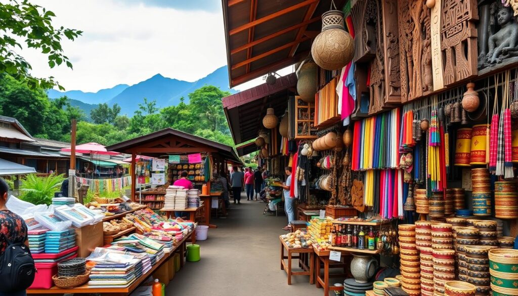 A vibrant Chiang Mai market scene, featuring colorful stalls overflowing with handcrafted goods, traditional textiles, and intricate wooden carvings, surrounded by lush greenery and majestic mountains in the background, capturing the essence of local craftsmanship and cultural heritage.