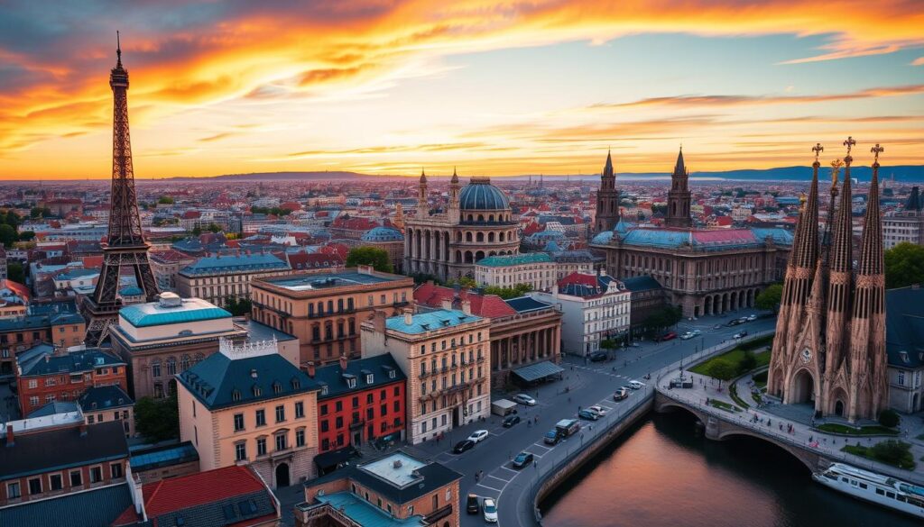 A panoramic view of iconic European cities, featuring the Eiffel Tower in Paris, the Colosseum in Rome, the Sagrada Familia in Barcelona, and the canals of Amsterdam, all under a vibrant sunset sky with a blend of historical architecture and modern elements.