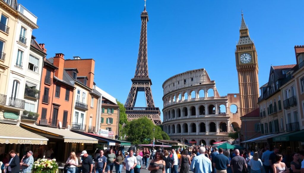 A vibrant European street scene showcasing iconic landmarks, including the Eiffel Tower, Colosseum, and Big Ben, surrounded by local cafes and bustling markets, with people of diverse backgrounds enjoying the atmosphere under a clear blue sky.