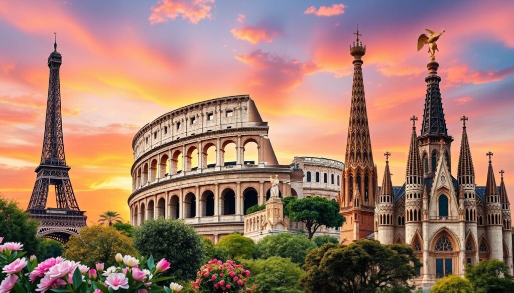 A stunning collage of iconic European landmarks, featuring the Eiffel Tower in Paris, the Colosseum in Rome, the Acropolis in Athens, the Tower of London, and Sagrada Familia in Barcelona. Showcased under a vibrant sunset sky, with elements of nature like blooming flowers and lush greenery surrounding the structures, creating a harmonious blend of history and beauty.